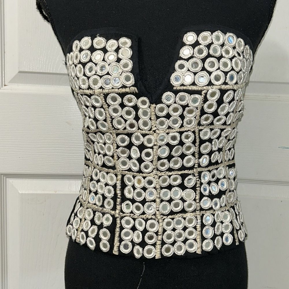 One Teaspoon Black Crop Top with Silver Mirror Embellishment